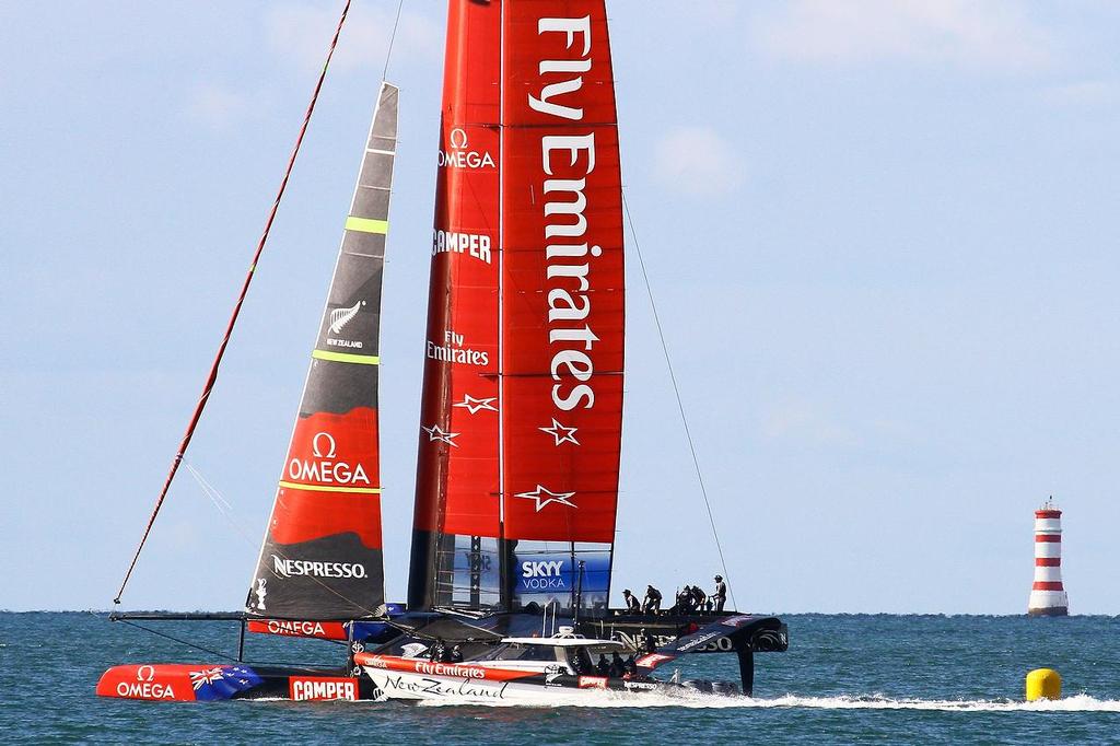 Chase boat in position - Emirates Team NZ - March 2013 © Richard Gladwell www.photosport.co.nz